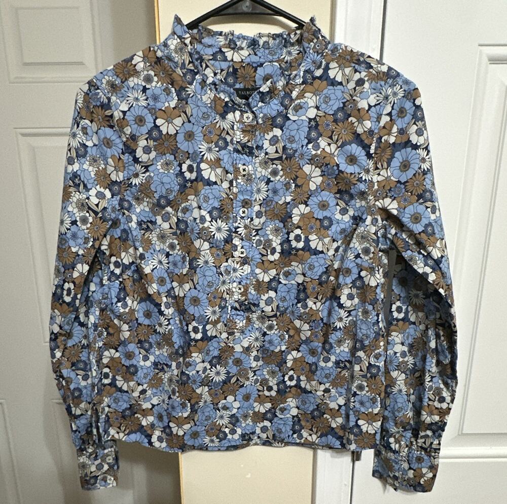 Talbots Womens XS Blue Brown White Floral Woven Cotton Mock Neck Button Blouse